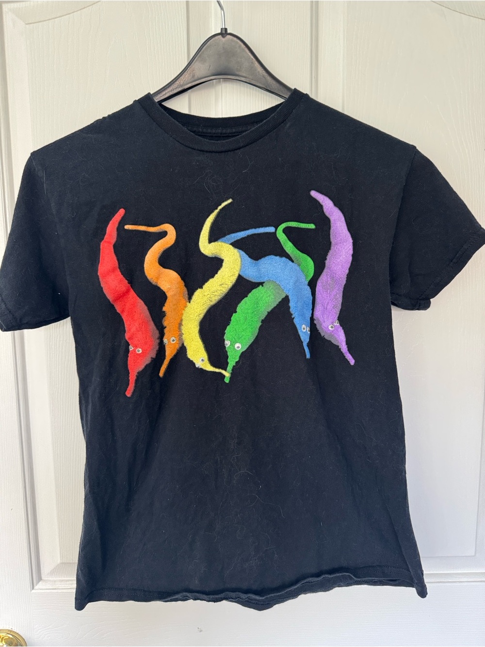 Hot Topic Black Tee with Rainbow Worm Graphic